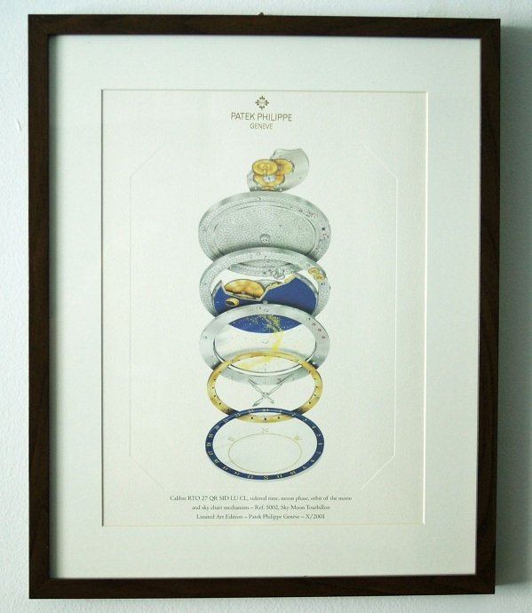 Patek Philippe Caliber RTO27 Lithograph 5002 Sky Mo: Rare Patek Philippe Caliber RTO 27 QR SID LU CL sidereal time, moon phase, orbit of the moon and sky chart mechanism, reference #5002 Sky Moon Tourbillon watch lithograph. Limited art edition by Patek