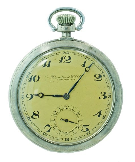 Silver IWC Schaffhausen Pocket Watch: Silver open face IWC International Watch Company Schaffhausen pocketwatch. Signed IWC gold toned dial with painted black Breguet style numerals and twenty four hour track. The blue steel Breguet style