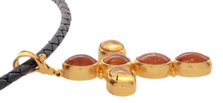 24k Yellow Gold Gurhan Citrine Cross Pendant Necklace: 24k yellow gold Gurhan cross with citrine pendant on a black leather cord necklace with a 24k yellow gold clasp. The pendant is approximately 3 inches long by 2 - 5/8 inches wide. The leather cord is