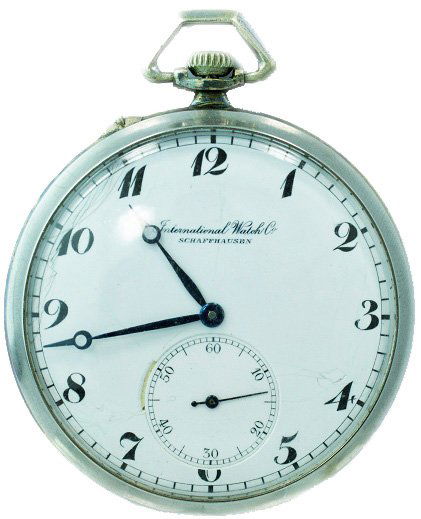 Steel Open Face IWC Shaffhausen Boden Edelstahl Watch: Stainless steel open face IWC International Watch Co pocketwatch. Stem wind movement. The white enamel International Watch Company dial has painted black Breguet style hour markers with sub seconds. B