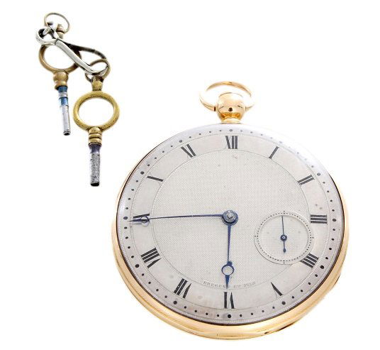 Rare and Important Gold Breguet Half a Quarter Repeater: Very fine and rare 20K gold half-quarter repeating pocket watch Silver dial with champlevé Roman numerals, outer minute dot divisions, sunk subsidiary seconds between III and IIII o’clock and Blued