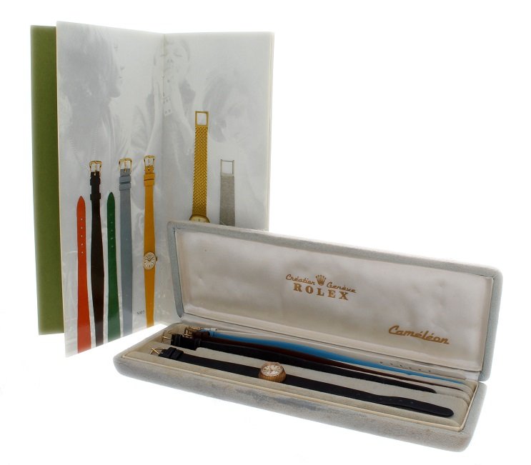 18k Rose Gold Rolex Chameleon Watch Original Box &: 18k rose gold ladies Rolex chameleon with original fitted box and five straps. The 18k rose gold case is in good condition. The case back is stamped Rolex 18k 8789. The silver Rolex precision dial wit