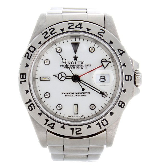 Stainless Steel Rolex Explorer II Watch #16570: Stainless steel Rolex Explorer II wristwatch, ref #16570, white Rolex dial with aftermarket diamond and sapphire hour markers, Swiss made, automatic movement, stainless steel Rolex Oyster bracelet wit
