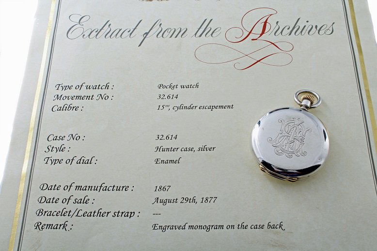 Patek Philippe Hunter Case Pocket Watch with Archive: Very early silver Patek Philippe & Co hunter`s case pocketwatch, circa 1867, white enamel dial with black Roman numerals, cuvette signed Patek Philippe, comes with Patek Philippe archive papers, comes