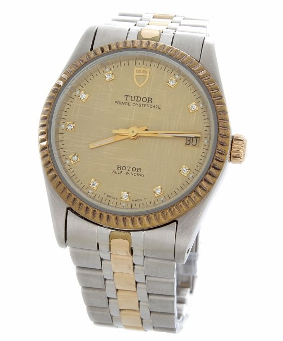 Tutone Tudor Oyster Prince Watch Diamond Dial: 18k yellow gold and stainless steel (tutone) Tudor Prince Oysterdate with factory champagne textured diamond dial. Swiss made, automatic movement. It comes on a stainless steel and 18k yellow gold Tud