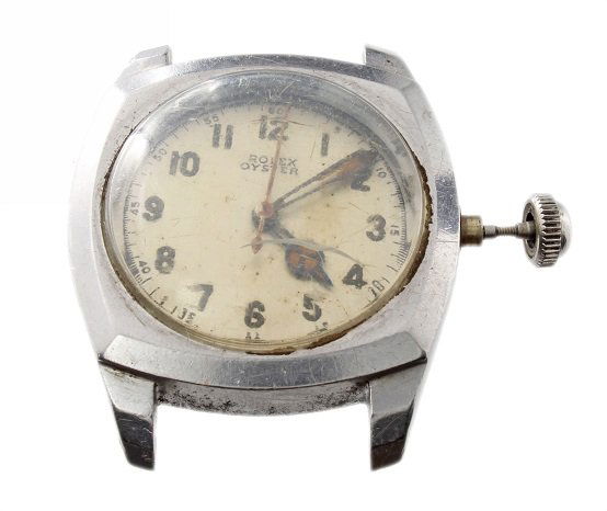 Stainless Steel Rolex Oyster Army Watch: Rare vintage stainless steel Rolex Oyster Army wristwatch, ref #3139, silver dial with Arabic numerals, circa 1943, Swiss made, manual wind, beveled case lugs, diameter is approximately 30mm without c