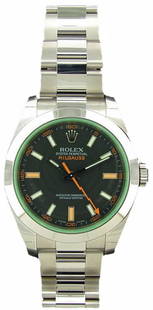 Stainless Steel Green Rolex Milgauss Watch: Stainless steel Rolex Milgauss wristwatch with the green crystal, Swiss made, automatic movement, comes on a stainless steel Rolex Oyster bracelet with flip lock. Accompanied by original Rolex box, bo