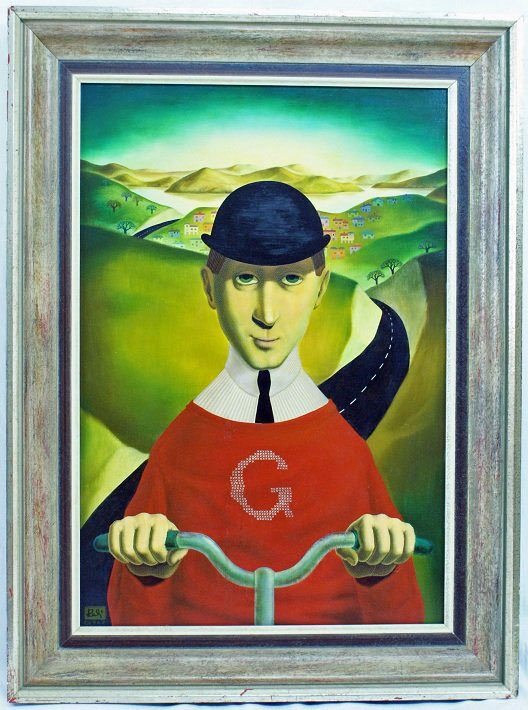 Hanna Weynerowska Kali Painting, B. 1918: Hanna Weynerowska Kali "Bachelor`s Honeymoon" painting (B. 1918 - 1998), signed Kali, with verso label of Lady Blanka Rosenstiel (Honorary Consul to Poland) who was the founder of The American Institu