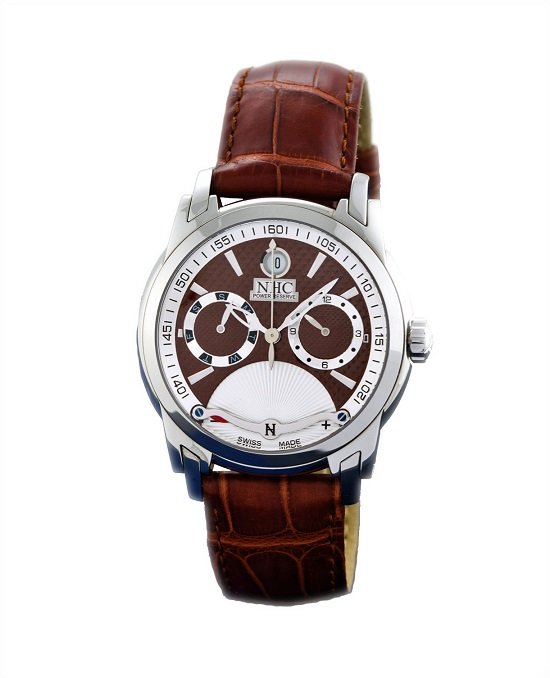 Vincent Calabrese NHC Two Time Zone Power Reserve Watch: Fine and unusual Swiss made, Vincent Calabrese NHC self-winding, water-resistant, stainless steel wristwatch with second time zone, day and date indications, center-seconds, power-reserve. Has jewels 