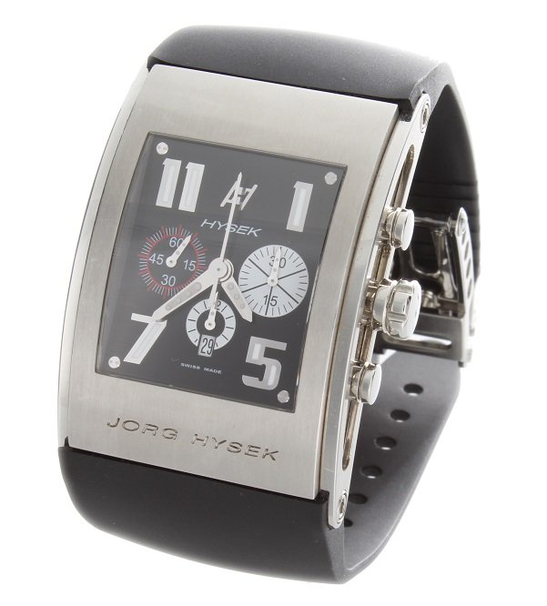 Large Jorg Hysek Automatic Kilada Chronograph Watch: Large stainless steel Jorg Hysek Kilada 82 Chronograph wristwatch. Swiss made, automatic movement. Black dial with Arabic hour markers. Water resistant case up to 50m. Comes on a black Jorg Hysek rubb
