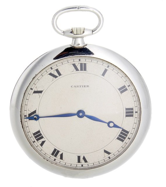 Platinum Cartier European Watch Co Swiss Pocket Watch: Very fine rare and elegant platinum Cartier pocketwatch, Swiss made, mechanical manual movement stamped European Watch Co, case back has a floral engraving. Silver dial with painted black Roman numera