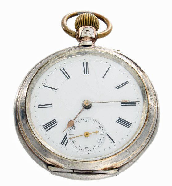 Early Silver IWC Schaffhausen Pocketwatch: Early silver open face International Watch Company (IWC) Schaffhausen pocket watch. White dial with painted black Roman numerals. Stem wind movement. Case back has a monogram on the outside. The appro