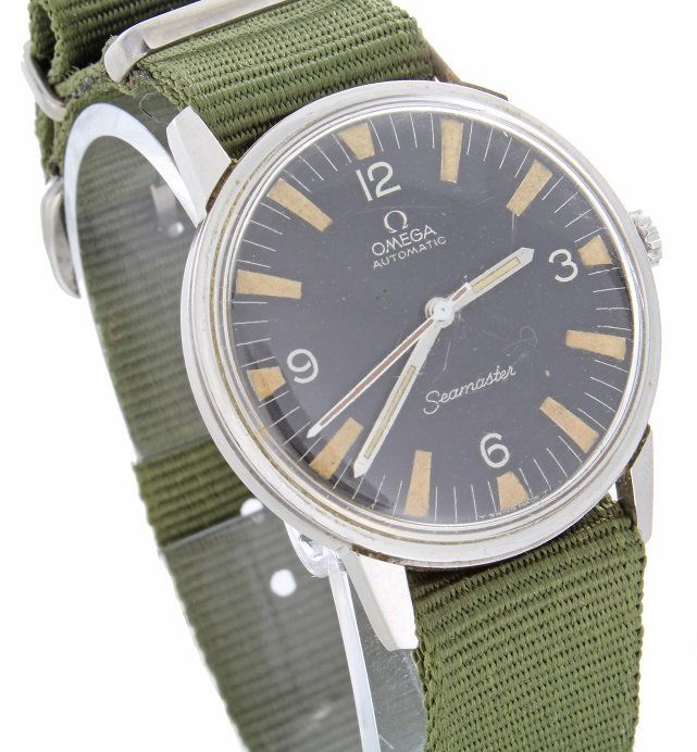 Stainless Steel Omega Seamaster Military Dial Watch: Gents stainless steel Omega Seamaster wristwatch, black military style dial with Arabic hour markers, Swiss made, automatic movement, on a NATO strap.
