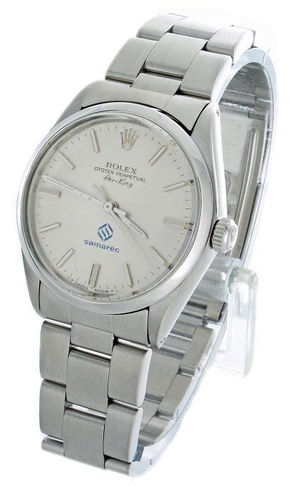 Rare Rolex Air King 5500 SAMAREC Logo Dial Watch: Mens stainless steel Rolex Air-King, Ref #5500, Swiss made, automatic wristwatch with rare SAMAREC logo dial, circa 1986. It comes on a Rolex Oyster bracelet #78350 with #557 end pieces. The approxima