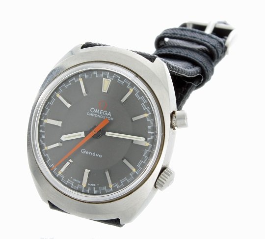Vintage Stainless Steel Mens Omega Chronostop Watch: Vintage stainless steel gents Omega Chronostop wristwatch. Grey Omega Chronostop Geneve dial with bar hour markers. White hour and minute hands, orange chronostop hand. Swiss made, manual wind movemen