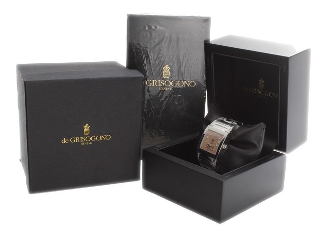 Men's De Grisogono Instrumentino Diamond Watch Dual: Stainless steel gents De Grisogono Geneve Instrumento Tino Acier wristwatch with diamonds. Second time zone (dual time). Swiss made, quartz movement. Diamond lugs. Comes on a stainless steel De Grisog