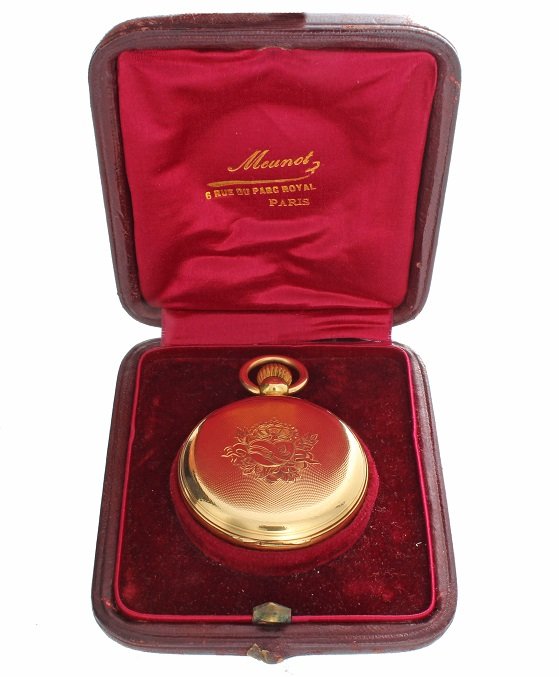 Very Early 18k Yellow Hunters Case Pateck & Cie Pocket: Very early 18k yellow gold hunters case Pateck & Cie pocket watch. The 18k yellow Pateck & Cie Geneve stamped cuvette and the 18k yellow gold case has matching numbers. White enamel dial with painted 
