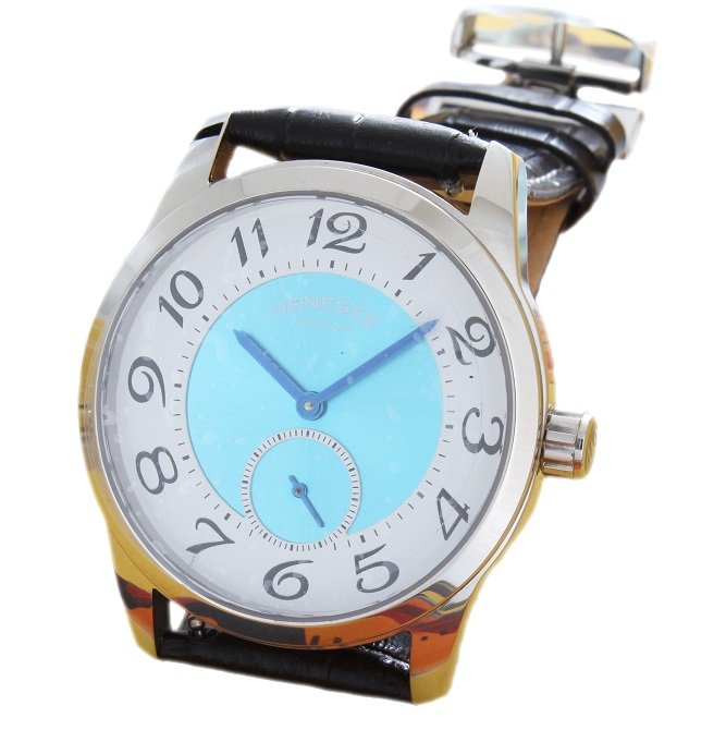 Men's Stainless Steel Genesee Watch Co Wristwatch: Gents stainless steel Genesee Watch Company wristwatch, white and blue dial with black Arabic numerals, blue hands, automatic movement, comes on a black leather Genesee Watch Co strap with a stainless