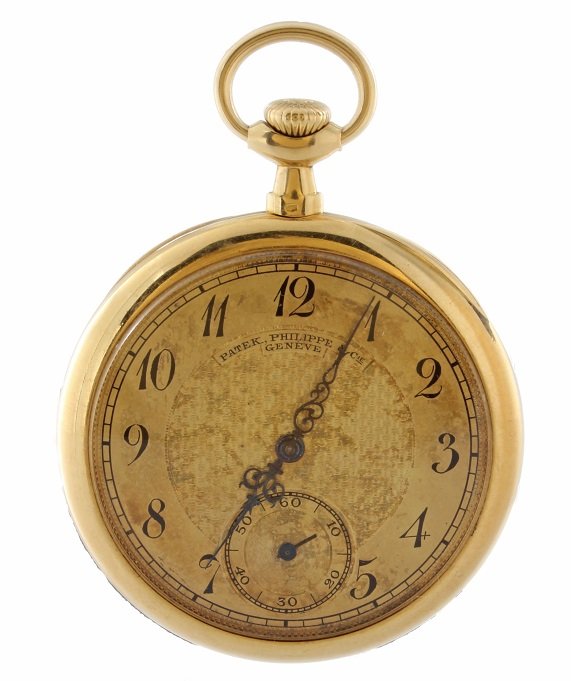 18k Yellow Gold Patek Philippe Open Face Pocket Watch: 18k yellow gold Patek Philippe open face pocketwatch with an original Patek Philippe gilt dial. The Patek Philippe 18J Swiss movement is working at the time of inspection. The case back has a monogram