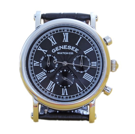 Gents Stainless Steel Genesee Watch Co Wristwatch: Men's stainless steel Genesee Watch Company wristwatch, black sunburst dial with white Roman numerals, automatic movement, comes on a black leather Genesee Watch Co strap with a stainless steel Genese
