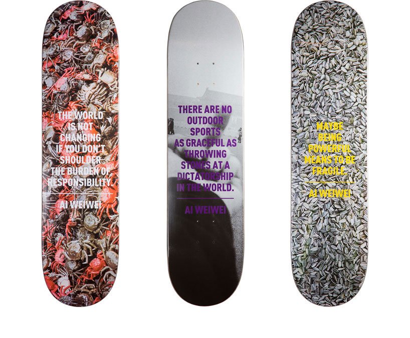 Rare Limited Edition Ai Weiwei 3 Skateboard Deck Set: Rare Ai Weiwei set containing three skateboards. They feature his popular installations of sunflower seeds and ceramic crabs. Only 150 sets were made, each deck is hand numbered on the back. Each deck