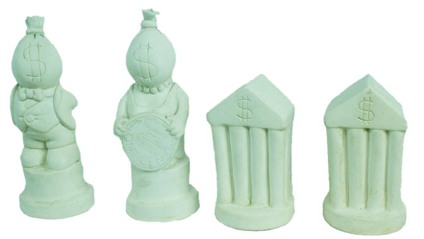 Tom Otterness King Queen and 2 Rooks Chess Sculptures: "Queen, King + 2 Rooks" chess sculptures by Tom Otterness, circa 1999. The King and Queen have Moneybag heads which is typical of Otterness` work. Biography 1952 Born in Wichita, Kansas 1970 Art Stude