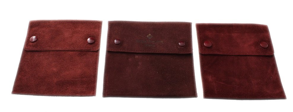 Set of 3 Patek Philippe Suede Leather Travel Pouches: Set of 3 Patek Philippe suede leather travel pouches. The pouches have Patek Philippe stamped. In good condition.