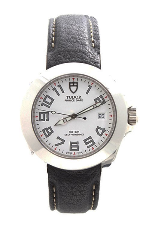 Stainless Steel Tudor Geneva Prince Date Automatic: Stainless steel Tudor Prince Date Sport watch with reference 79410. Swiss made automatic movement with date. White Tudor Geneva dial with grey arabic numerals. The water resistant stainless steel case