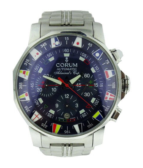 Limited Edition Stainless Steel Corum Admirals Cup: Limited Edition stainless steel Corum Admirals Cup automatic three register chronograph with date. The Swiss automatic chronograph movement is working at the time of inspection. It comes on a stainles