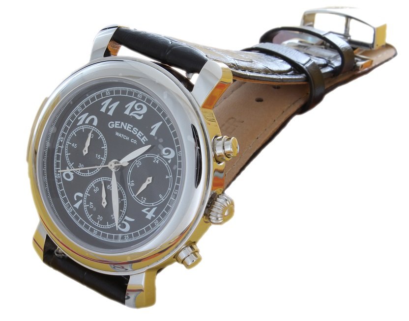 Mens Stainless Steel Genesee Watch Co Wristwatch: Stainless steel gent`s Genesee Watch Company wristwatch, black dial with white Arabic numerals, quartz movement, comes on a black leather Genesee Watch Co strap with a stainless steel Genesee Watch Co