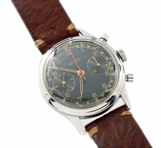 Vintage Mens Steel Angelus Military Chronograph Watch: Rare vintage gents Angelus stainless steel mechanical movement, round button chronograph wristwatch. Commissioned in the 1950`s by The Hungarian Air Force for their pilots. Black military Angelus dial