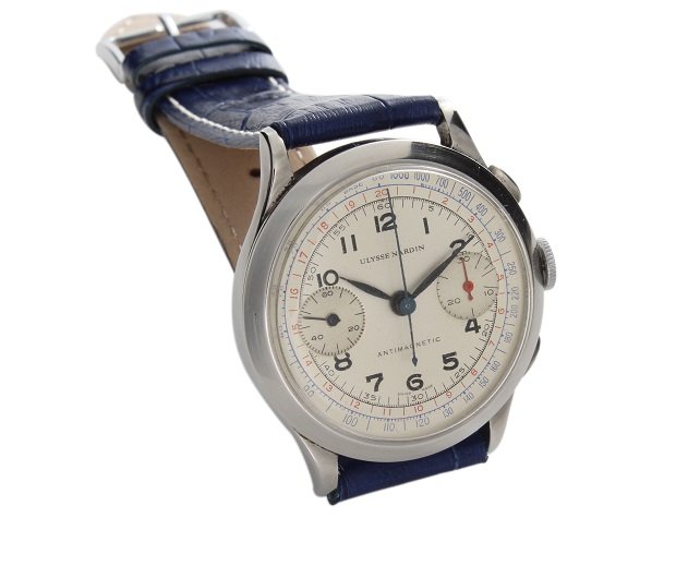 Vintage Steel Ulysse Nardin Antimagnetic Chronograph: Vintage men`s stainless steel Ulysse Nardin Anti-magnetic chronograph wristwatch, constant seconds, minute register, tachymeter, and telemeter scales. Original stainless steel snap back case. Silver U