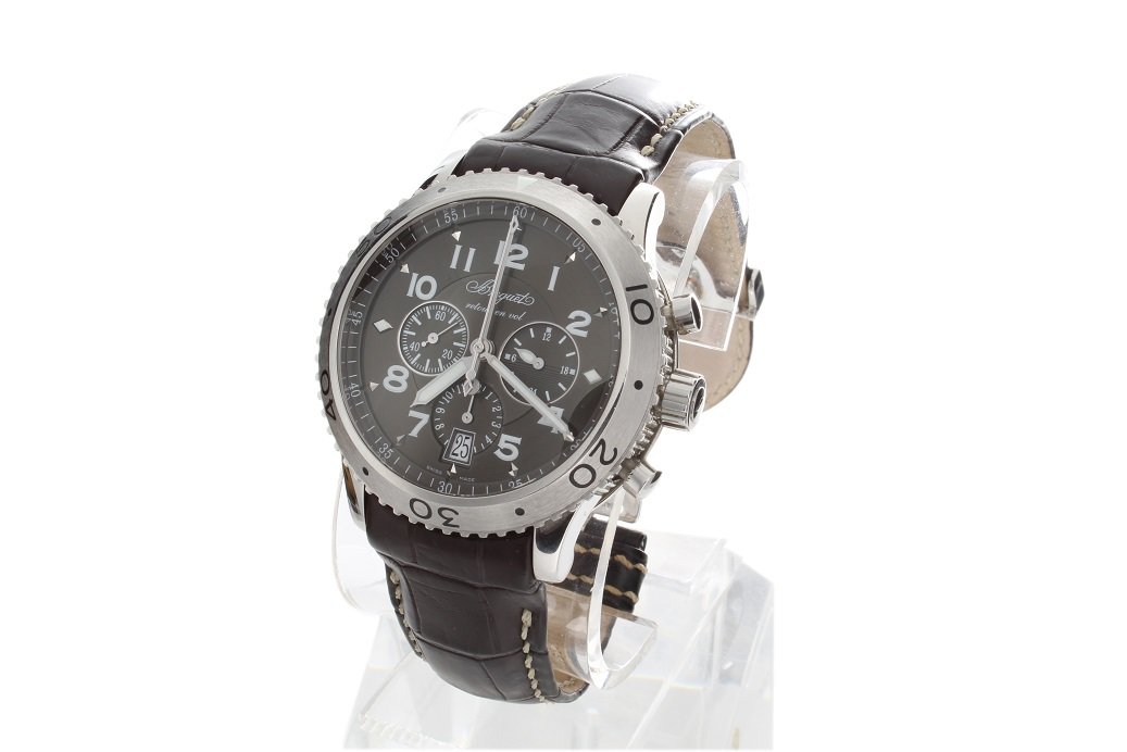 Stainless Steel Breguet Type XXI Chronograph Watch: Men`s stainless steel Breguet Type XXI Automatique Flyback chronograph with date wristwatch, ref #3810, chocolate brown dial, comes on a chocolate brown Breguet watch strap with a stainless steel Breg