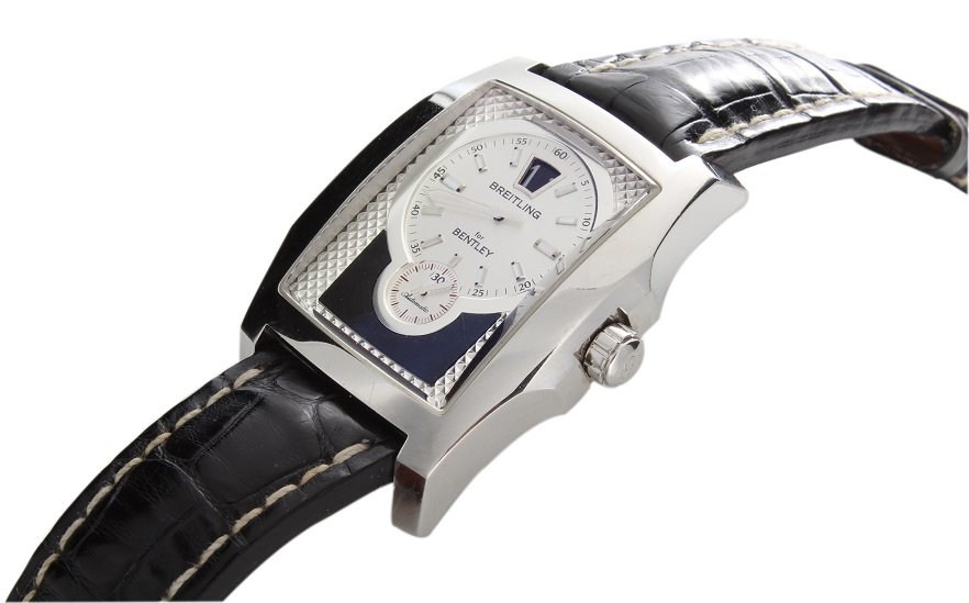 Stainless Steel Breitling for Bentley Flying B Jump: Gent`s stainless steel Breitling Flying B made for Bentley, Officially Certified Chronometer jump hour wristwatch, ref #A28362. Silver and black Breitling Bentley regulator style dial. Textured "Silve