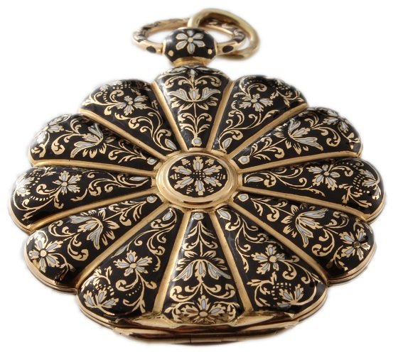 18K Yellow Gold Leroy Flower Shaped Enamel Pocket Watch: Rare and unusual vintage 18k yellow gold Leroy open face pocket watch with a flower shaped case decorated with black and white enamel. Silver guilloche dial is sign Le Roy with gold Breguet style hand