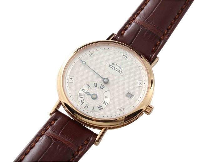 Gents 18k Rose Gold Breguet Regulator Limited Edition: Very fine and rare limited edition men`s 18k pink gold Breguet wristwatch with date and regulator dial, ref #1747. Only 75 pieces were made in 1997 to celebrate the 250th anniversary of Abraham Louis