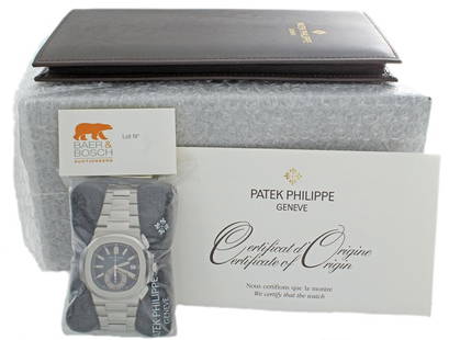 Steel Jumbo Patek Philippe Nautilus Chronograph Watch: Stainless steel Patek Philippe Nautilus Chronograph wristwatch with date, ref. #5980/1A, Swiss made, on stainless steel Patek Philippe bracelet. The watch is still sealed with its setting pin pusher.