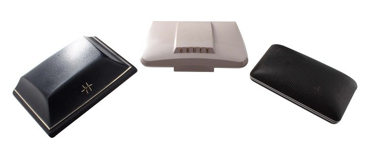 Lot of 3 Vintage Watch Boxes Hamilton, Waltham, Gruen: Lot of three vintage wristwatch boxes. Hamilton automatic waterproof shock resistant life time mainspring anti-magnetic box, appears to be complete. Black Waltham box appears to be complete. And a Gru