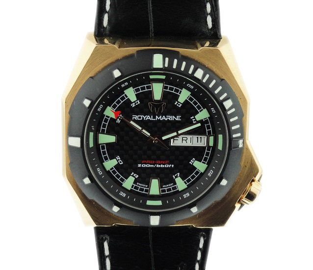 18k Yellow Gold TechnoMarine Royal Marine P1 Diver: Limited edition 18k yellow gold TechnoMarine Pro One Royal Marine diver wristwatch. Limited to only 80 pieces for the Apnea World record. Black Techno Marine dial with luminescent hour markers and han