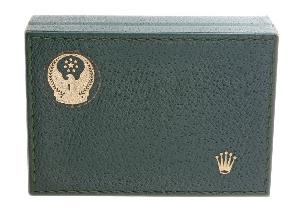 Rare Rolex UAE Crest Eagle Logo Watch Box 5513 1016: Very rare Rolex UAE Crest Eagle logo wristwatch box. The bottom of the box is stamped Montres Rolex SA Geneve Suisse 68.00.2. The box comes with a cuff. The UAE Crest logo is on the outside and inside