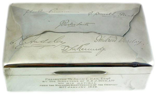 Charles & Richard Comyns Sterling Silver Cigar Humidor: Sterling silver cigar humidor with the English hallmark of Charles & Richard Comyns, made in London 1919. The top of the lid has signatures, the front side of the humidor has a dedication dated 1920,