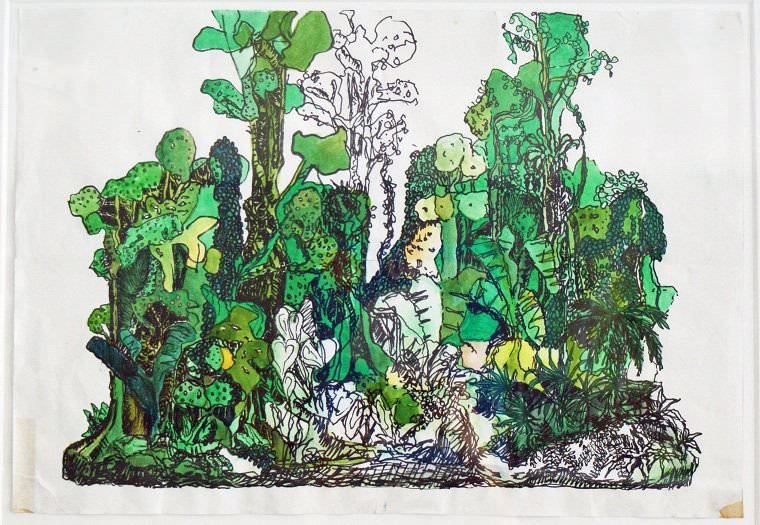 Yutaka Sone Ink and Watercolor David Zwirner Gallery: Yutaka Sone "Drawing for Jungle #1" ink and watercolor on two joined pieces of paper, dated 1999. David Zwirner Gallery label on verso.Biography: Yutaka Sone (b. 1965, Japan) works in a wide range of