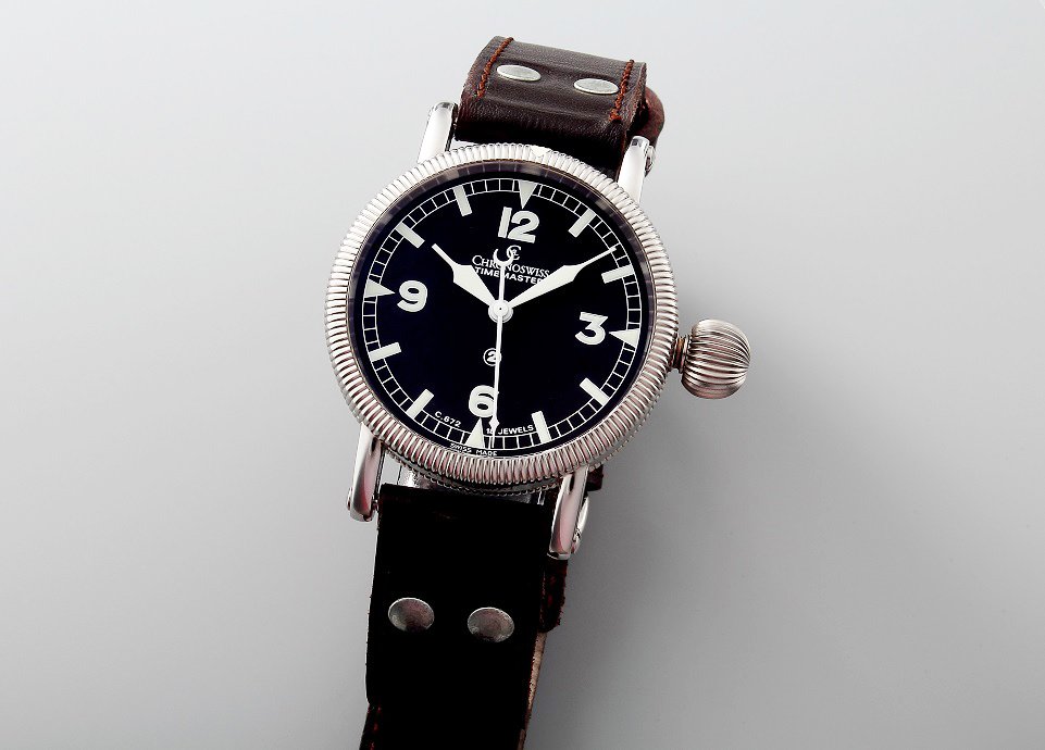 Stainless Steel Men`s ChronoSwiss Timemaster 44 Watch: Gent`s stainless steel Chronoswiss Timemaster wristwatch. Black Chronoswiss dial with luminous hour markers and Arabic numerals. Coin edged bezel. Oversize crown. Swiss made, mechanical manual wind mo