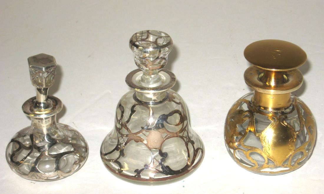 Three sliver overlay perfume bottles, (1 of 5)