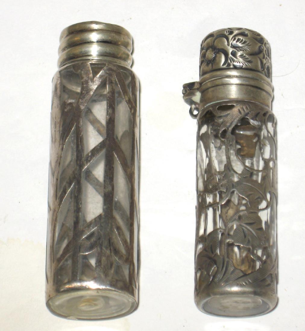 Two silver overlay travel perfume bottles, (1 of 3)