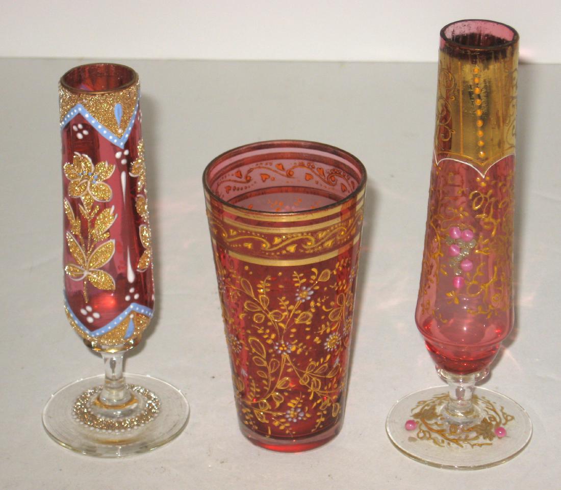 Three cranberry Moser gold enameled items, (1 of 4)