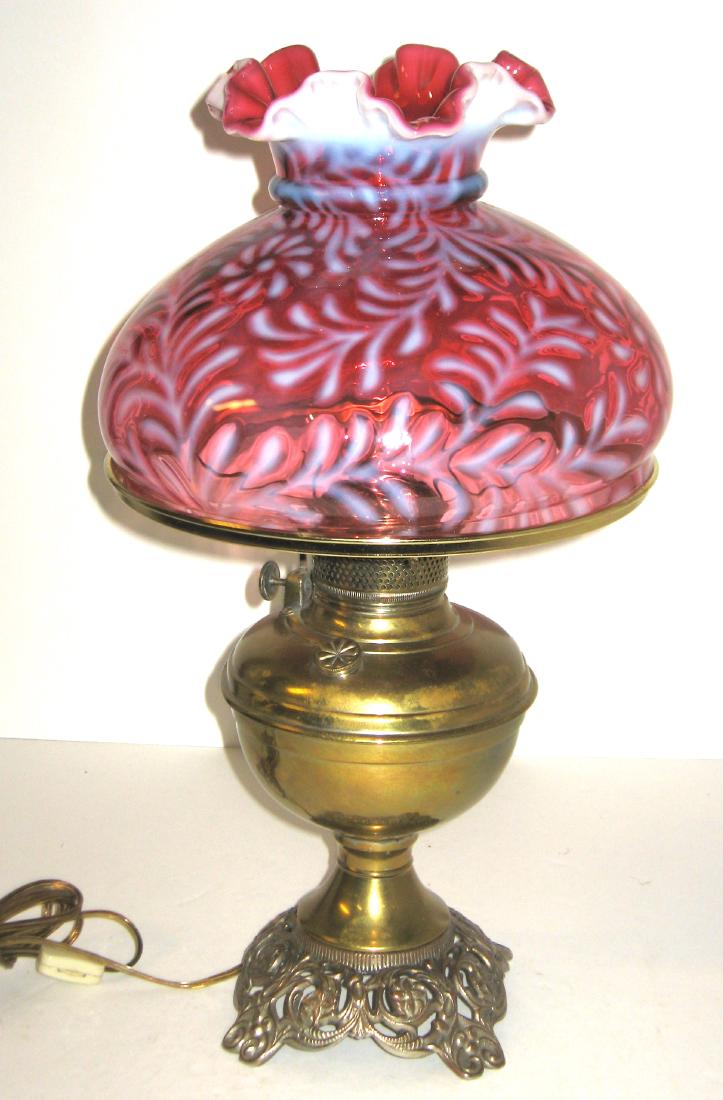 Fenton cranberry opalescent glass lamp, (1 of 7)