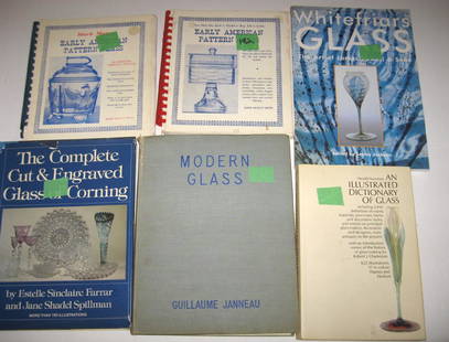 Group of six glass books: "An Illustrated Dictionary of Glass" Newman 1977, "Modern Glass" Janneau 1931, "Early American Pattern Glass" Metz 1958, "Early American Pattern Glass" Metz 1965, "Whitefriars Glass, The Art of James