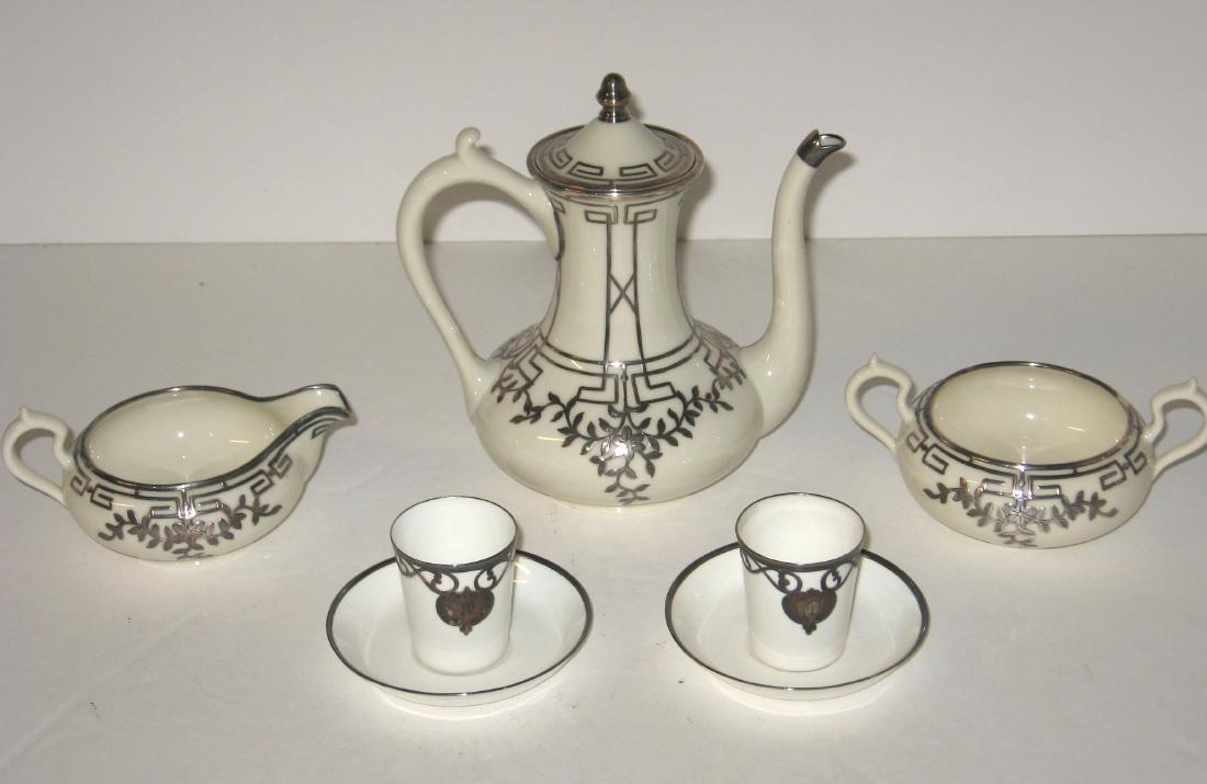 Silver overlay Belleek porcelain tea set, (1 of 5)
