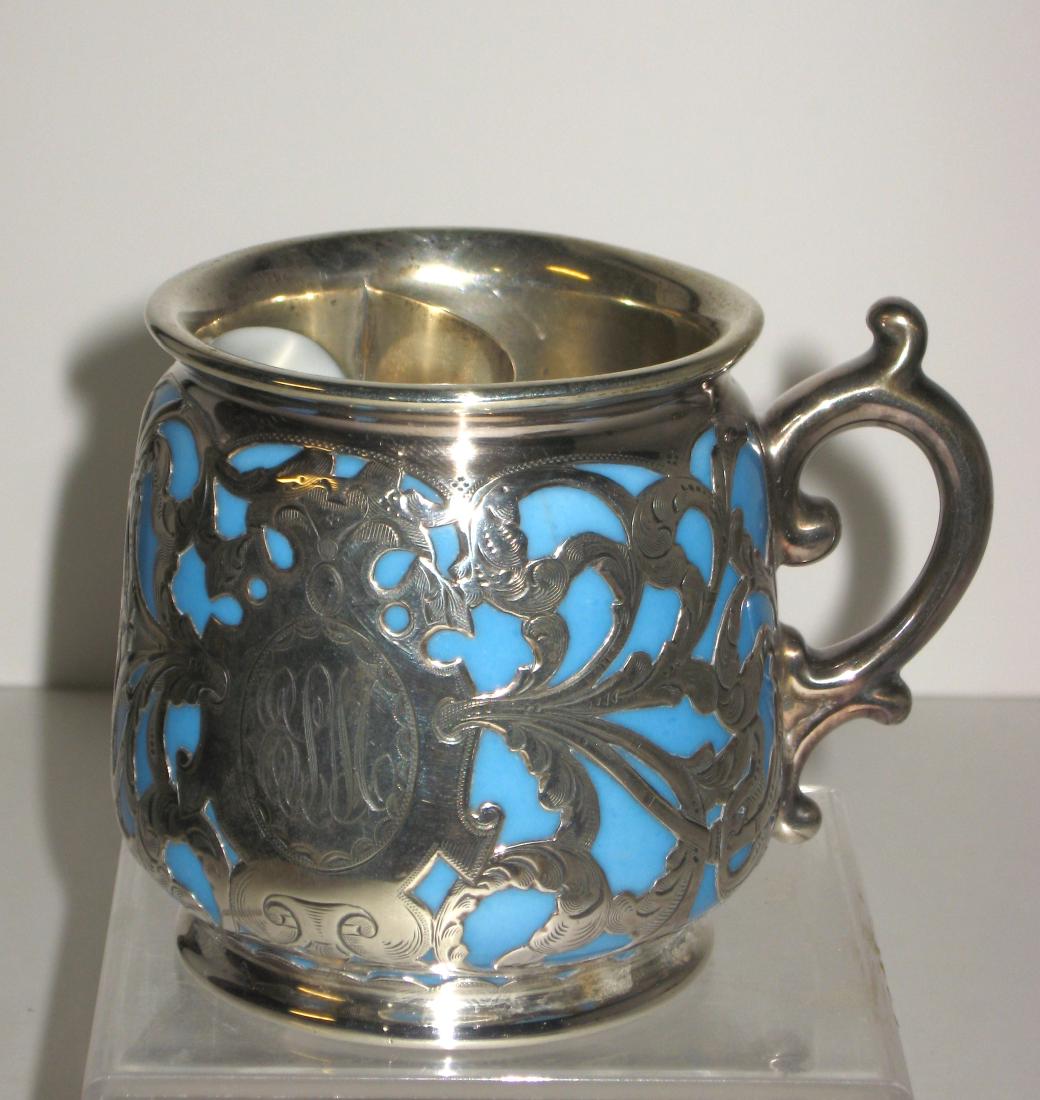 Rare Limoges silver overlay mustache cup, (1 of 4)